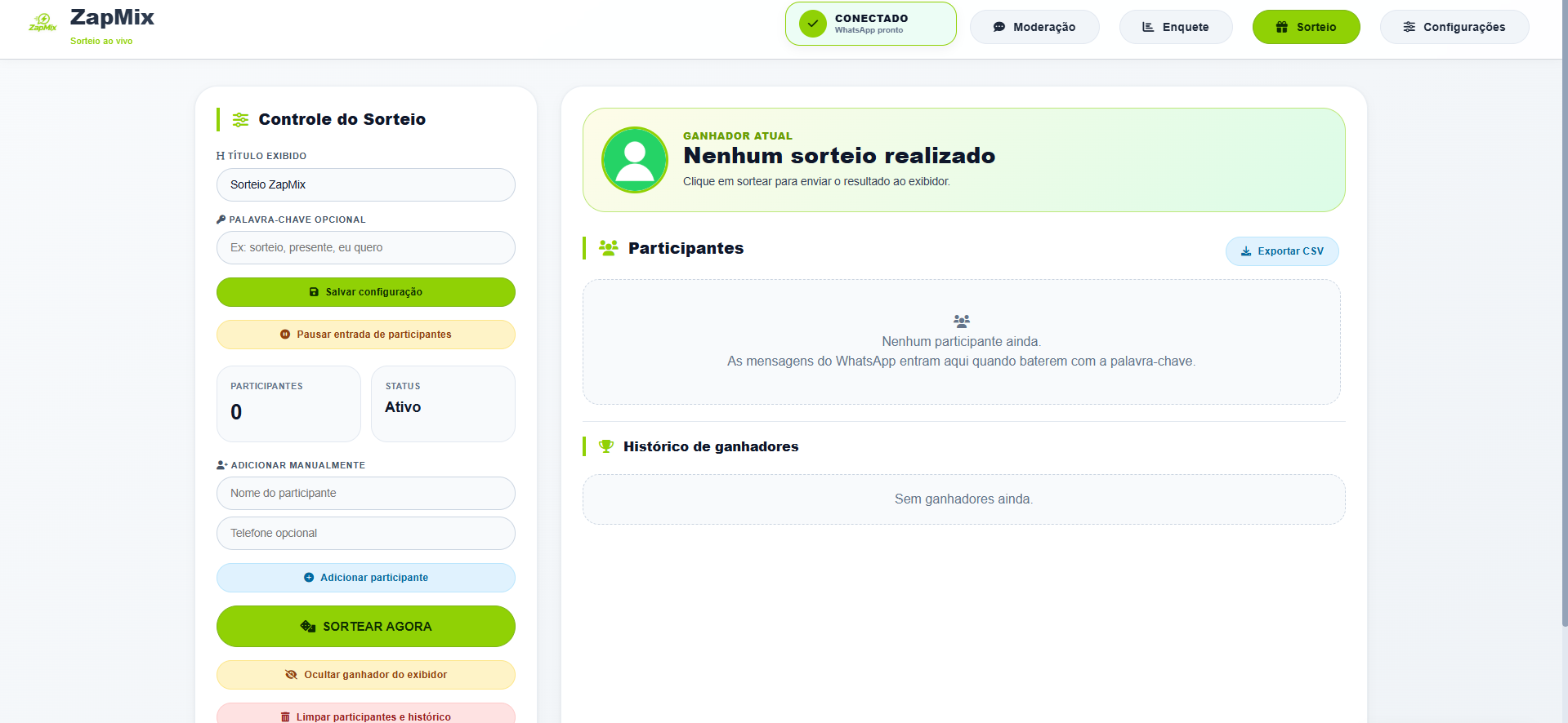 Tela de configuração do sorteio